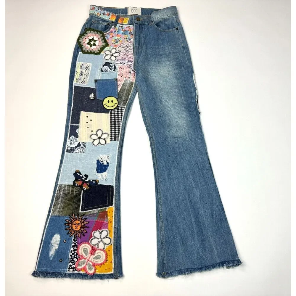 BDG Urban‎ Outfitters High Rise Flare Jeans Women 26 Art Patch Boho Hippie 70s